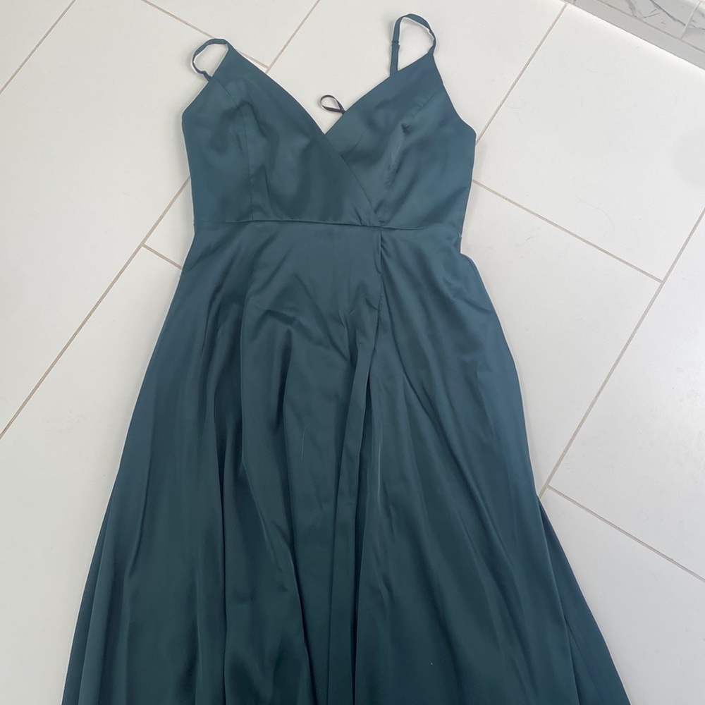 Emerald satin maxi dress from Lulus.